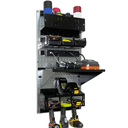 Power Tool Storage Organizer Kit Cordless Drill Holder Charging Station Rack 16” x 32” Metal Pegboard Organization System (Metallic Pegboard)