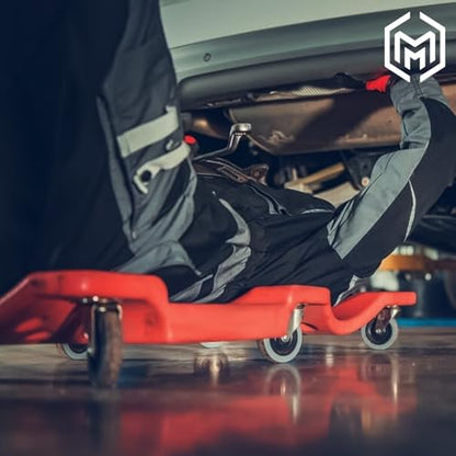 Plastic Rolling Garage Creeper with Padded Headrest 36" Light Weight Automotive Creeper Mechanic Cart with Dual Tool Trays and Noiseless Casters (Red / 36")