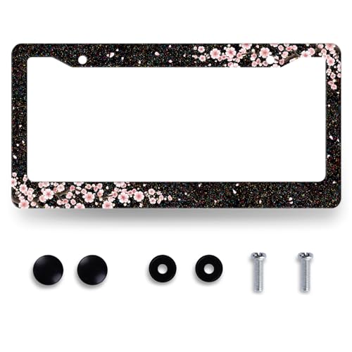Bling Cherry Blossom License Plate Frame Floral License Plate Holder (Bling Cherry Blossoms Pink Floral)