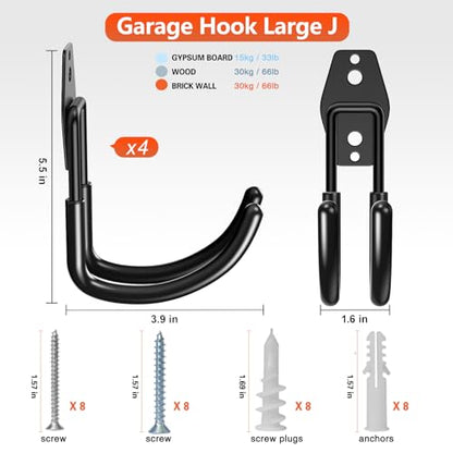 Heavy Duty Garage Hooks 4 Pack (3.9inch J Hook / Black Large J Hook)