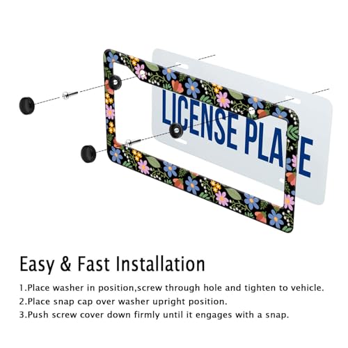 Colorful Wildflower License Plate Frames Cute Flowers Women License Plate Holder Covers Floral Girly Car Tag Frame Metal Aluminum Rustproof Decorative Car Accessories with Screws (Blue purple flowers)