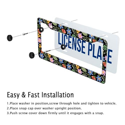 Colorful Wildflower License Plate Frames Cute Flowers Women License Plate Holder Covers Floral Girly Car Tag Frame Metal Aluminum Rustproof Decorative Car Accessories with Screws (Blue purple flowers)