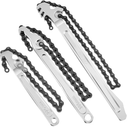 3 Pcs Large Reversible Chain Oil Filter Wrench with 12 16 9 Inch Chain Wrench Adjustable Heavy Duty Carbon Steel Sturdy Pipe Fitting Tool Spanner for Ratcheting Universal (Silver)