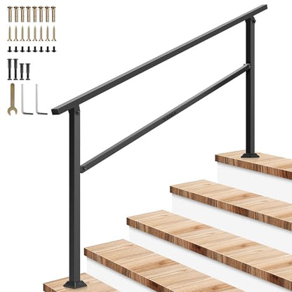 5 Step Stair Handrail 69"x36" Wrought Iron Porch Railing Black (Black / 5 Steps)