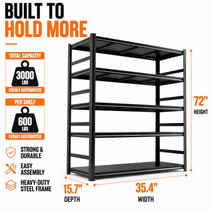 Garage Shelving Adjustable Metal Storage Shelves with Anti‑Tip Safety Kit (Reinforced 72"H×35.4"W×15.7"D)
