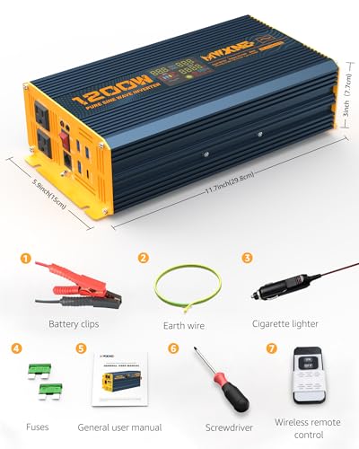 1200 Watt Pure Sine Wave Power Inverter DC 12V to 110V AC Converter with Dual AC Outlets (1200W- 12V)