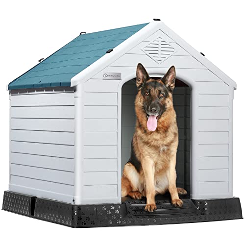 Durable Waterproof Plastic Dog House for Small to Large Sized Dogs (Blue / 34"L x 31"W x 32"H)