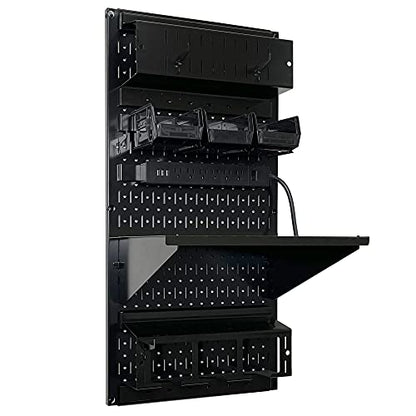 Power Tool Storage Organizer Kit Cordless Drill Holder Charging Station Rack 16” x 32” Metal Pegboard Organization System (Black Pegboard)