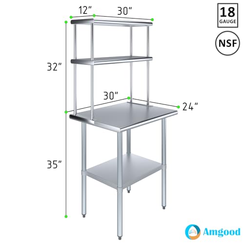 Stainless Steel Work Table Double Tier Overshelf (24" x 30" Work Table + 12" Overshelf)