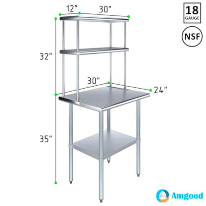 Stainless Steel Work Table Double Tier Overshelf (24" x 30" Work Table + 12" Overshelf)