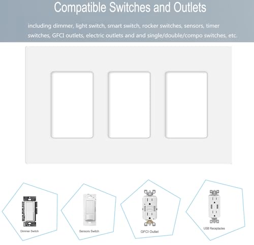 3 Gang Screwless Decorator Wall Plate Cover Switch Outlet Electrical Faceplate for Light Switche (6 Pack / Triple Decora-White)
