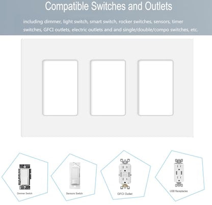 3 Gang Screwless Decorator Wall Plate Cover Switch Outlet Electrical Faceplate for Light Switche (6 Pack / Triple Decora-White)