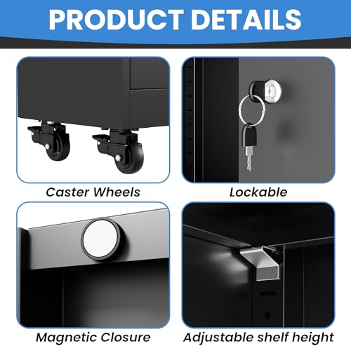 Metal Storage Cabinet for Garage (Black / L - 2 Doors & 5 Shelves (Wheeled))