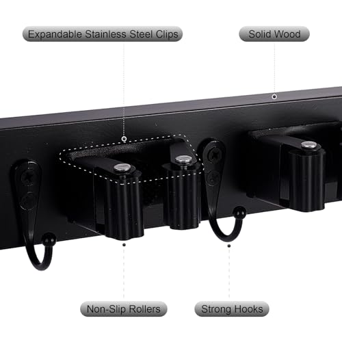Broom Holder Wall Mount With 5 Slots & 4 Hooks (Black)