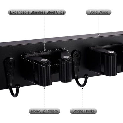 Broom Holder Wall Mount With 5 Slots & 4 Hooks (Black)