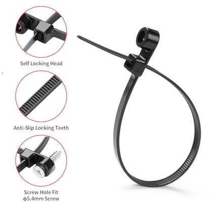 1000 PCS 10 inch Black Zip Ties with Screw Hole 70lbs Mountable head Cable Ties Straps Multipurpose Heavy Duty Nylon Cable Zip Ties with Screw Mounting Hole (Black / 10 Inch (1000PCS))
