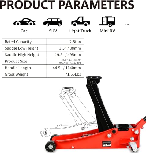 2.5 Ton Low Profile Floor Jack (Red - 2.5 Ton(Dual Pump), Lift 3.5"-19.5")