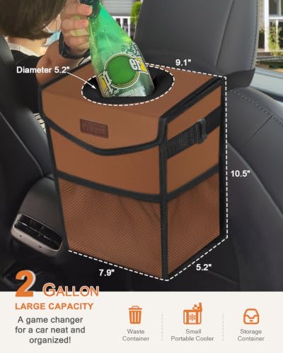 Car Trash Can with Lid Leakproof Car Garbage Bag Vehicle Trash Bin (2 Gallons / Brown)