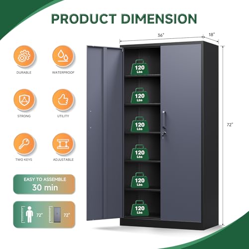 Metal Storage Cabinet with Lock Door and 5 Shelves (72 X 36 X 18 In(H X W X D) / Black Grey)