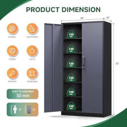 Metal Storage Cabinet with Lock Door and 5 Shelves (72 X 36 X 18 In(H X W X D) / Black Grey)