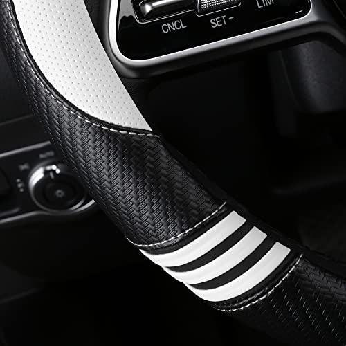 Car Steering Wheel Covers for Women Padded Carbon Fiber PU Leather Cute Auto Interior Accessories for Vehicle (White+Black / Standard Size[14.75-15.15"](37.5-38.5cm))