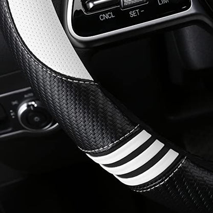 Car Steering Wheel Covers for Women Padded Carbon Fiber PU Leather Cute Auto Interior Accessories for Vehicle (White+Black / Standard Size[14.75-15.15"](37.5-38.5cm))