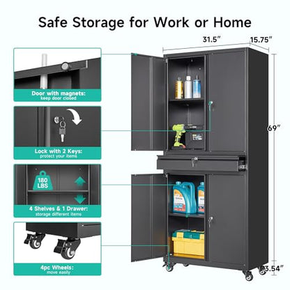 Metal Garage Storage Cabinet with Wheels and Drawer (73"H x 31.5"W x 16"D / Black)