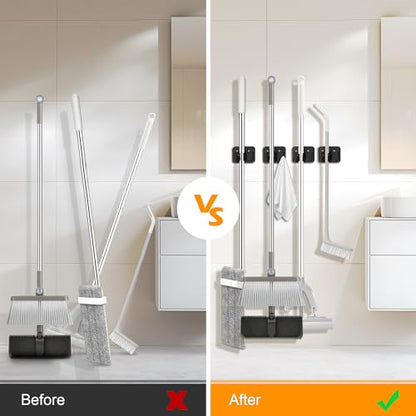 4 Pack Stainless Steel Heavy Duty Broom Holder Wall Mount with Hook (D-Black / 4PCS Gripper)