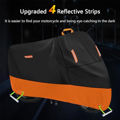 Large Motorcycle Cover Heavy Duty Motorcycle Tarp All Season Durable Waterproof Outdoor Protection Lock Holes Storage Bag Fit up to 80 inch Honda Grom Navi Scooter (Black & Orange 1 / L (74" x 37" x 43"))
