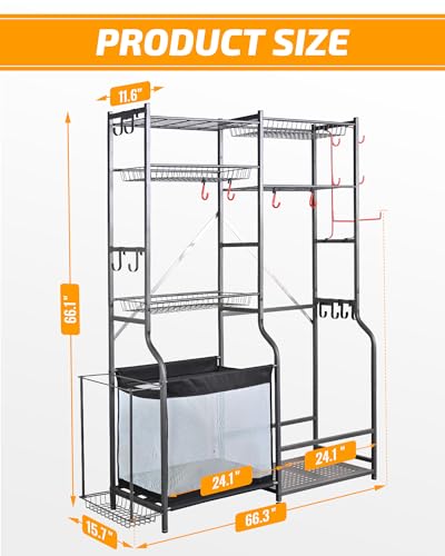 Extra Large Ball and Sports Equipment Storage Rack (Black, 66.3"Lx15.7"Wx66.1"H)