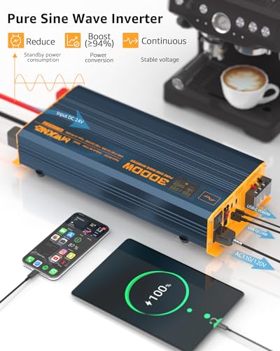 3000W Pure Sine Wave Power Inverter DC 24V to 110V 120V AC with 4 Quick Charging USB Ports& Dual AC Outlets Power Inverters for Vehicles RV Truck Home with LCD Display and Remote Controller (3000W- 24V)