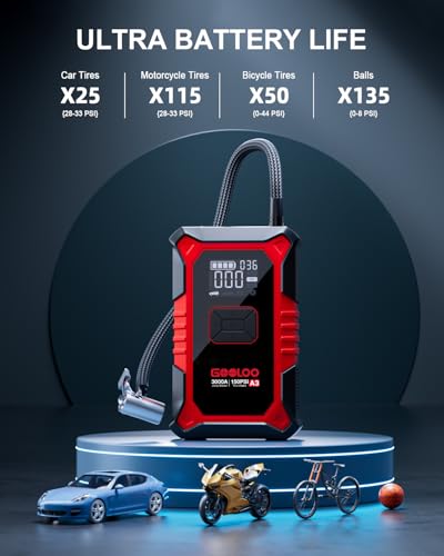A3 12V 3000A Portable Jump Starter with Air Compressor (Red)