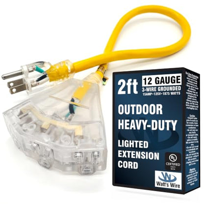 2 ft Short Outdoor Extension Cord (Yellow / 2 Ft)
