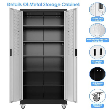 Garage Storage Cabinet with Pegboard (Black&silver / 18"D x 34"W x 71"H)