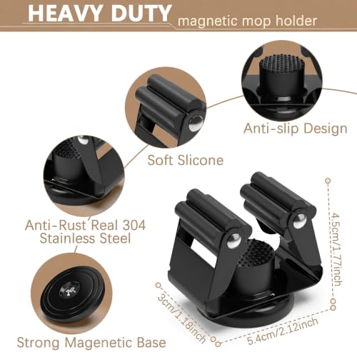2 Pack Magnetic Broom Holder with 2 Pack Mini Magnetic Hooks (2pc+2pc(42mm-Magnet) / Black)