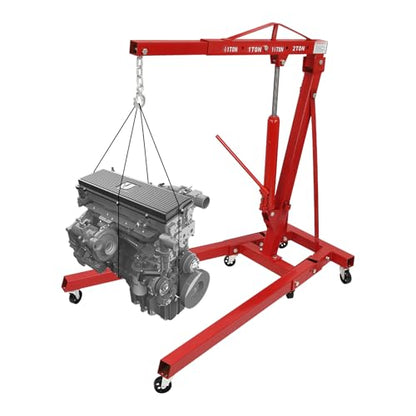 Folding Engine Crane 2 Ton Folding Engine Hoist 4400lbs Crane Hoist Lift with 6 Iron Caster Wheels for Garage (Red-A / 2T-4400lbs)