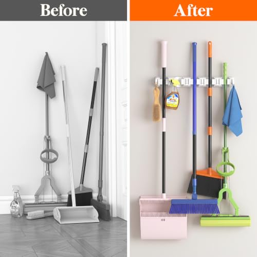 Mop and Broom Holder Organzier Wall Hanging Mount (White)