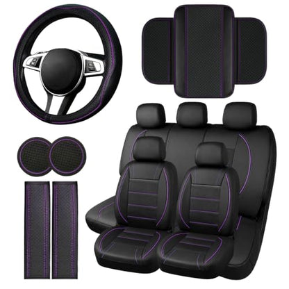 14 PCS Leather Car Seat Covers Full Set (Steering Wheel Cover Set / Black & purple)