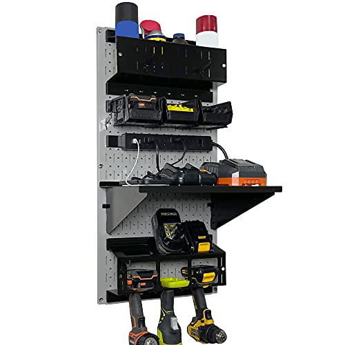 Power Tool Storage Organizer Kit Cordless Drill Holder Charging Station Rack 16” x 32” Metal Pegboard Organization System (Grey Pegboard)