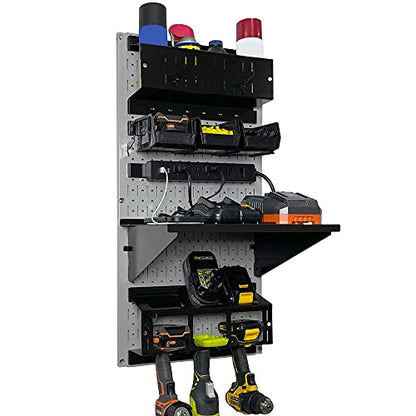 Power Tool Storage Organizer Kit Cordless Drill Holder Charging Station Rack 16” x 32” Metal Pegboard Organization System (Grey Pegboard)