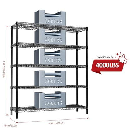 5 Tier Adjustable Heavy Duty Metal Storage Shelving Unit (5 Tier, 17.7" D x 59.1" W x 70.9" H / Black)