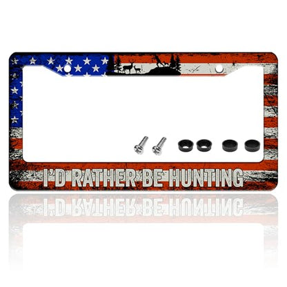 I'd Rather Be Hunting USA Flag License Plate Frame Stainless Steel 6X12 in (I'D Rather Be Hunting)