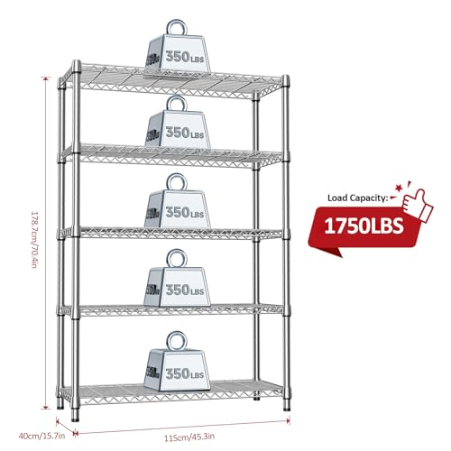 1750LBS Garage Shelving Wide Storage Shelves 5 Tier Metal Shelves Heavy Duty Adjustable Utility Shelf Rack (5 Tier, 15.7" D x 45.3" W x 70.9" H / Chrome)