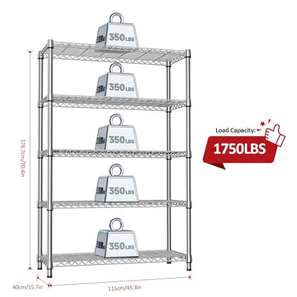 1750LBS Garage Shelving Wide Storage Shelves 5 Tier Metal Shelves Heavy Duty Adjustable Utility Shelf Rack (5 Tier, 15.7" D x 45.3" W x 70.9" H / Chrome)