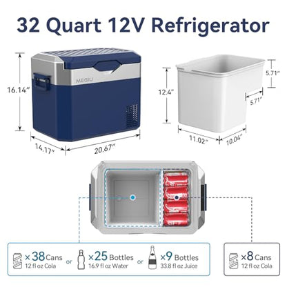 Car Fridge Portable 12V Refrigerator 32 Quart 12 Volt Freezer Compressor Cooler 12V (Blue(Silver))
