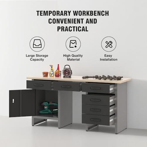 Heavy Duty Garage Storage Cabinet System Set with Wooden Worktop (05)