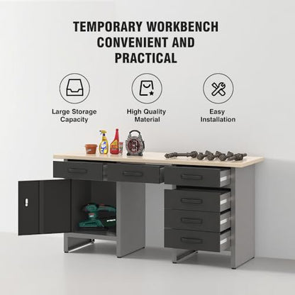 Heavy Duty Garage Storage Cabinet System Set with Wooden Worktop (05)