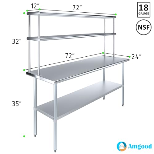 Stainless Steel Work Table Double Tier Overshelf (24" x 72" Work Table + 12" Overshelf)