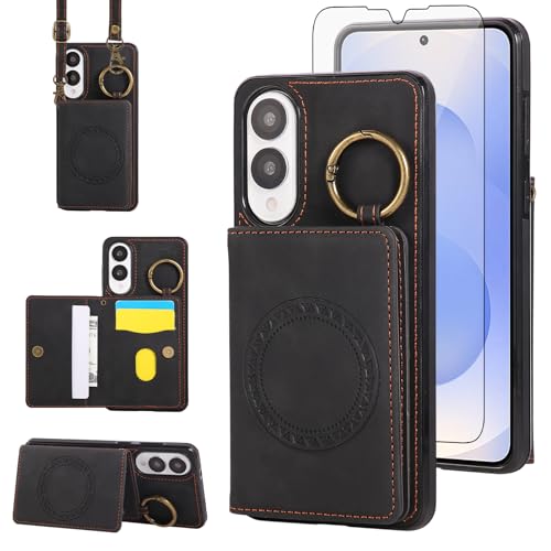 Compatible with Samsung Galaxy S25 Edge Wallet Case Screen Protector Crossbody Shoulder Strap Ring Buckle Stand Card Holder Magnetic Car Mount Phone Cover for S25Edge 25S S 25 25Edge Women Men Black (Black / for S25 edge)