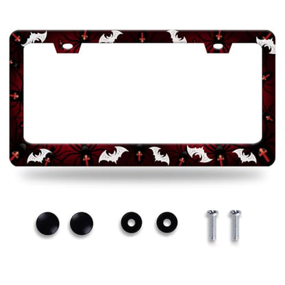 Bats Pattern License Plate Frame Stainless Steel Accessory 12.3x6.3 Inch (Bats Spiders Web)